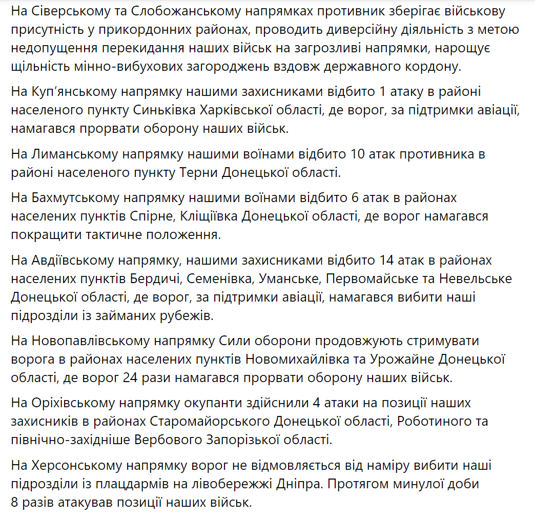 За добу на фронті відбулося 75 бойових зіткнень, ворог намагається вибити ЗСУ з плацдармів на лівобережжі Дніпра – Генштаб 