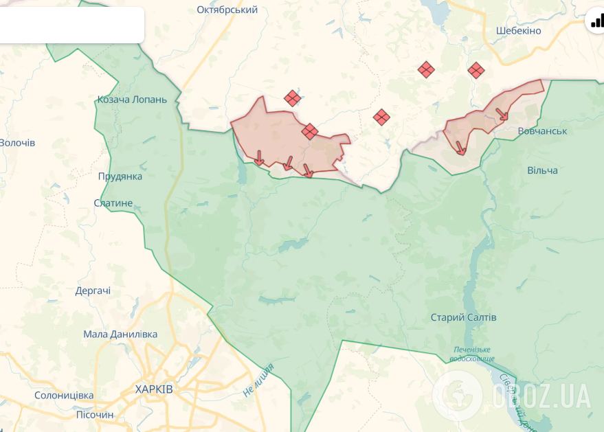 Карта линии фронта на севере Харьковской области