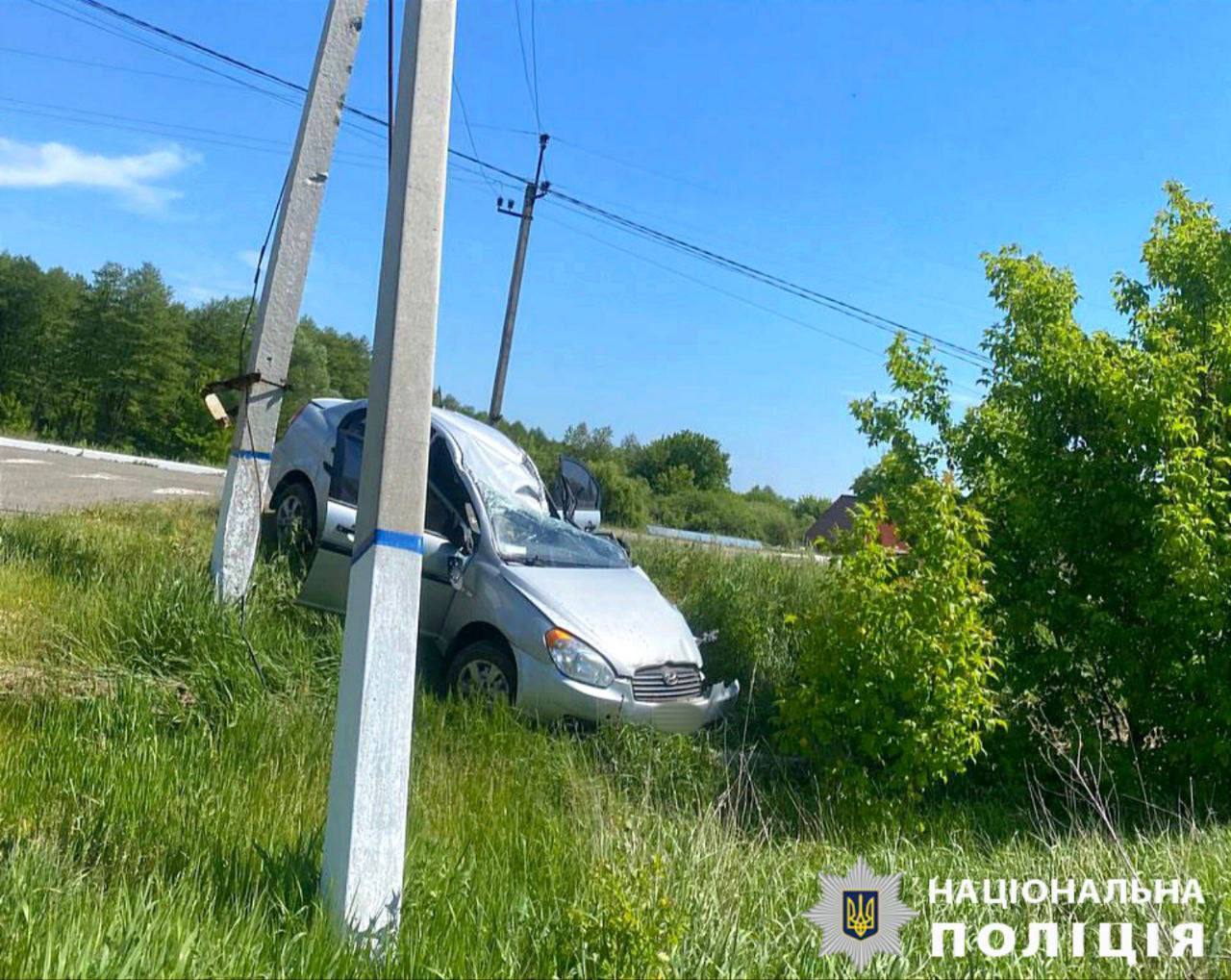 На Київщині легковик на швидкості протаранив електроопору та вилетів у кювет. Фото і подробиці