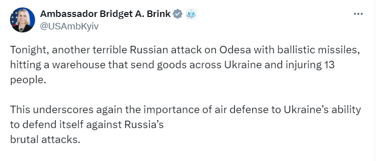 Посол США – про обстріл Одеси: ще один доказ, що Україна потребує підсилення ППО