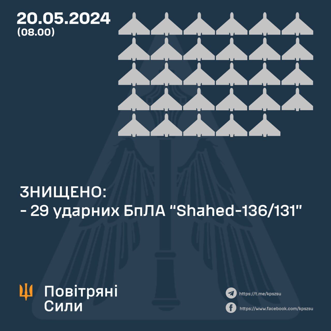 Силы ПВО сбили все 29 дронов-камикадзе, которыми Россия атаковала Украину