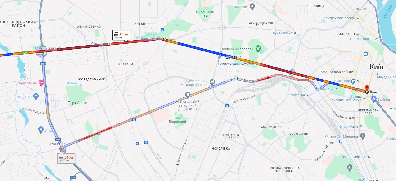 На дорогах Киева утром образовались пробки: где не проехать. Карта