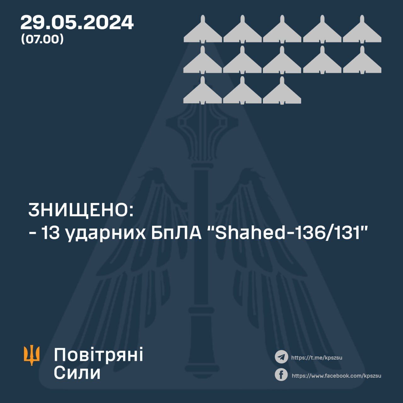 Росія запустила по Україні 14 "Шахедів", 13  дронів збила ППО