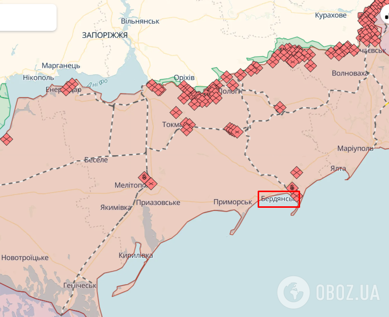 Временно оккупированный Бердянск на карте