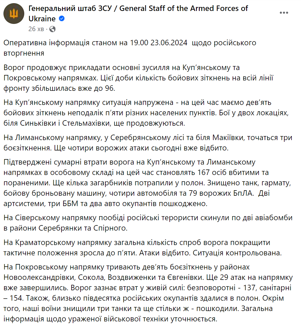 Ворог продовжує тиснути на Куп'янському та Покровському напрямках: кількість бойових зіткнень збільшилась до 96 – Генштаб