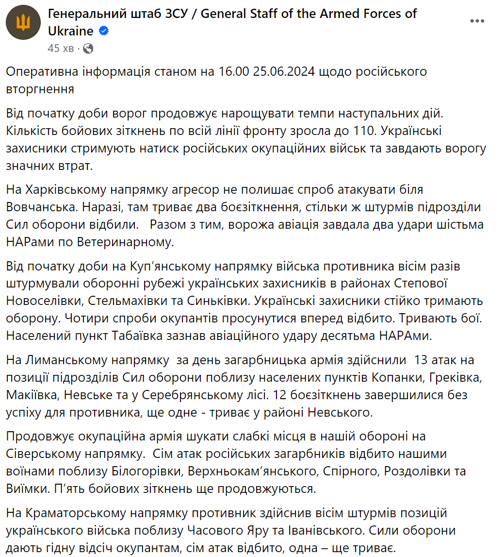 Ворог продовжує нарощувати темпи наступальних дій: від початку доби відбулося 110 бойових зіткнень – Генштаб