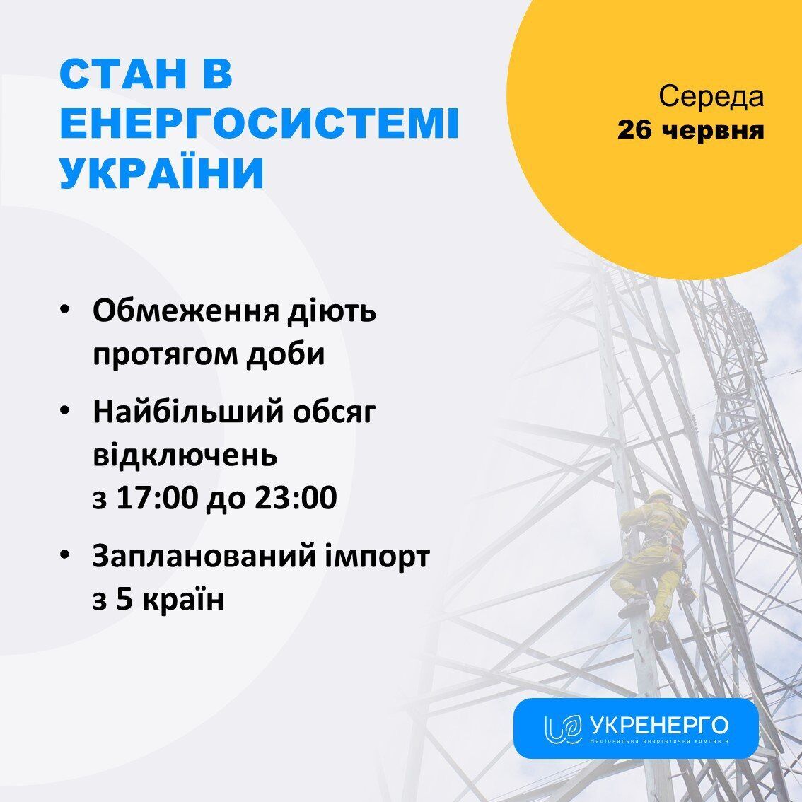 Графік відключення електроенергії на 26 червня