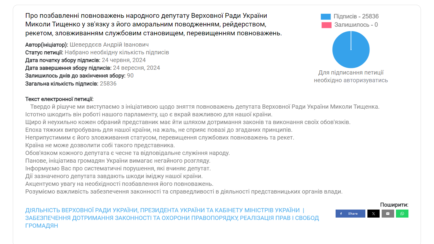 Петиция о лишении Тищенко депутатских полномочий за день набрала необходимое количество голосов: что это значит