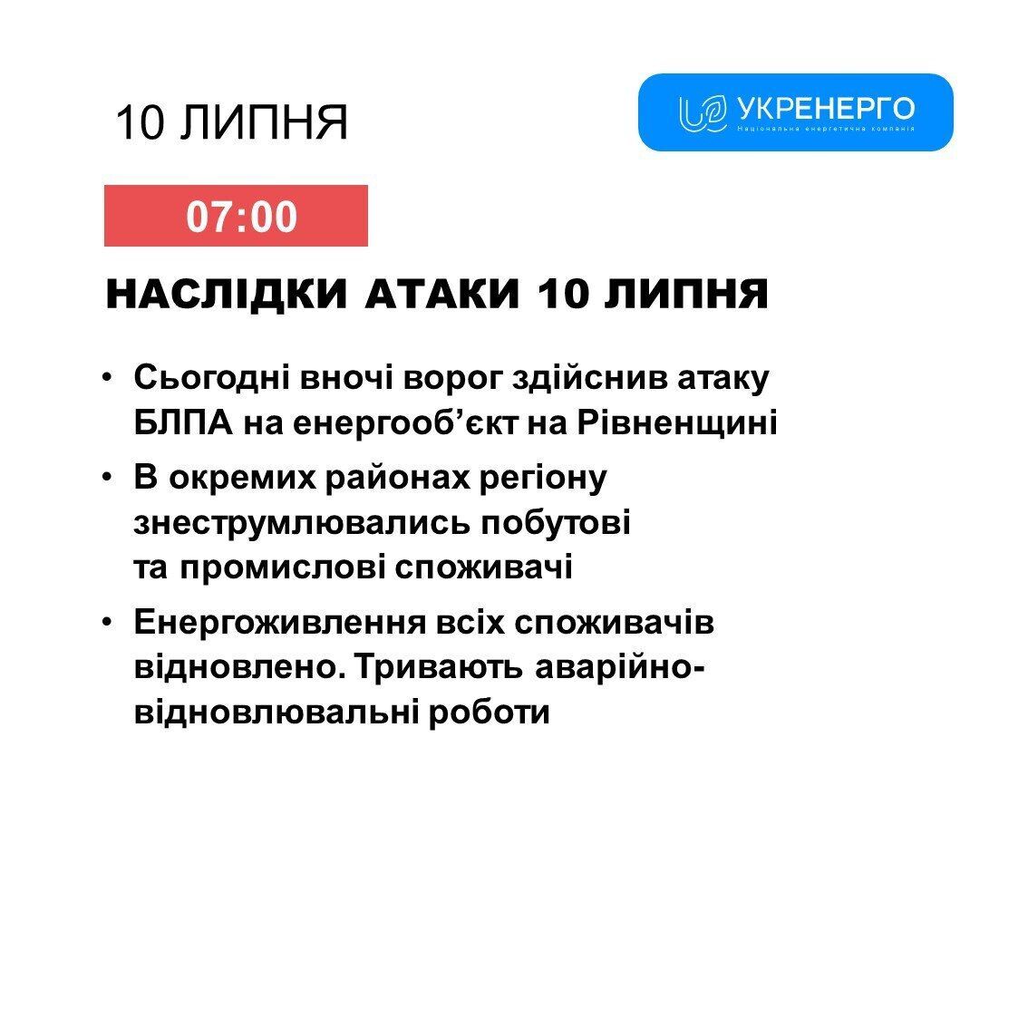 Оккупанты совершили атаку на энергообъект Ривненщины: идут восстановительные работы