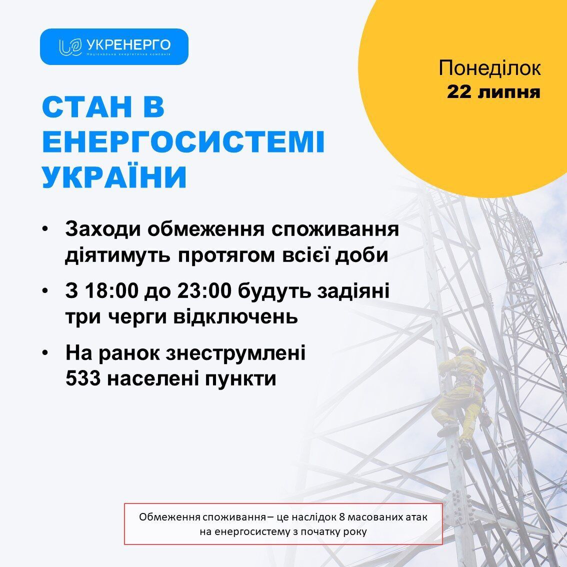 Графики отключения света 22 июля будут действовать в течение всех суток и по всей Украине