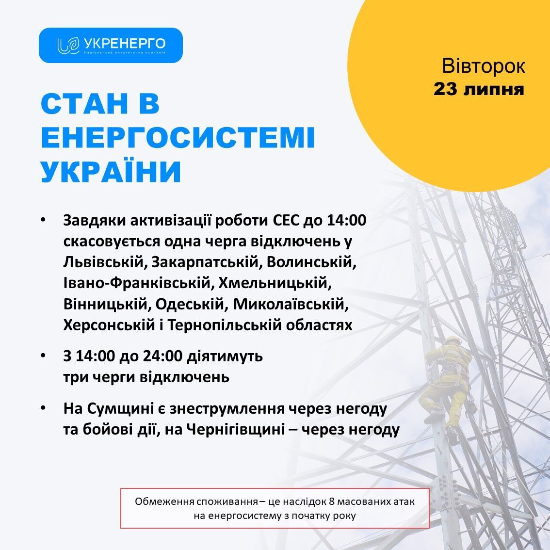 У ряді областей України 23 липня діятиме "полегшений" графік відключень світла