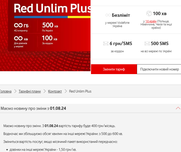 Вартість тарифу Vodafone Red Unlim Plus збільшиться на 50 грн