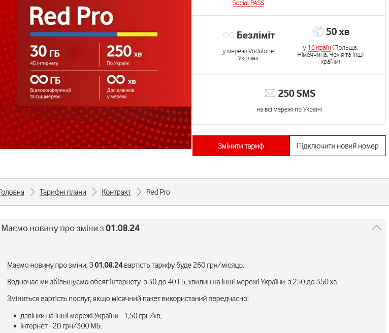 Тариф Vodafone Red Pro з 1 серпня коштуватиме 260 грн