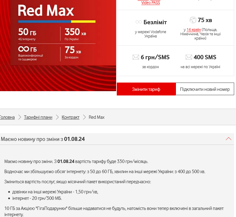 Як подорожчає тариф Vodafone Red Max