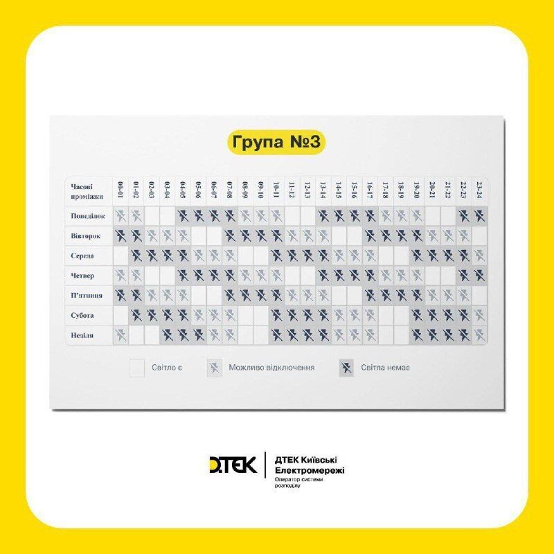 Графік відключень світла для 3 групи