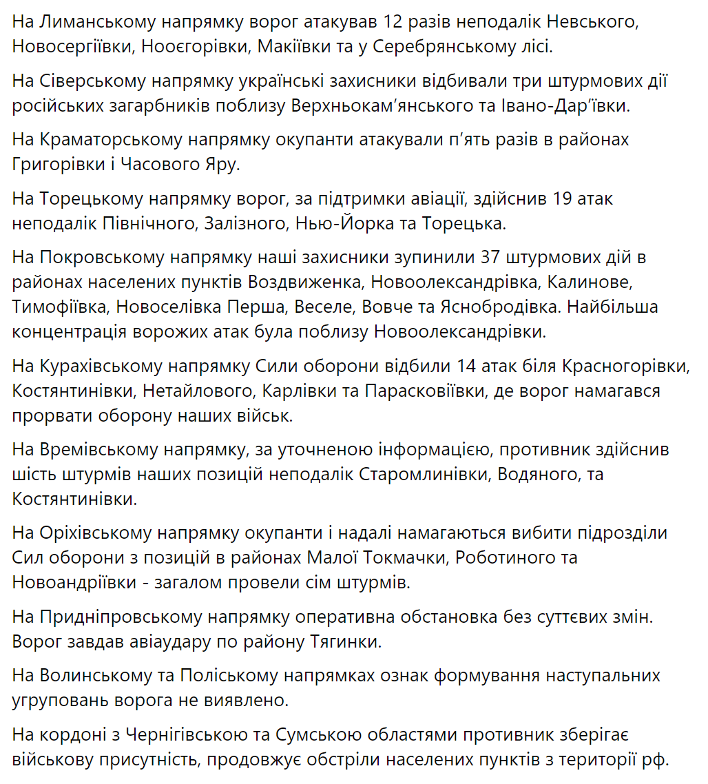 ВСУ остановили 37 штурмовых атак окупантов за одни сутки на Покровском направлении – Генштаб