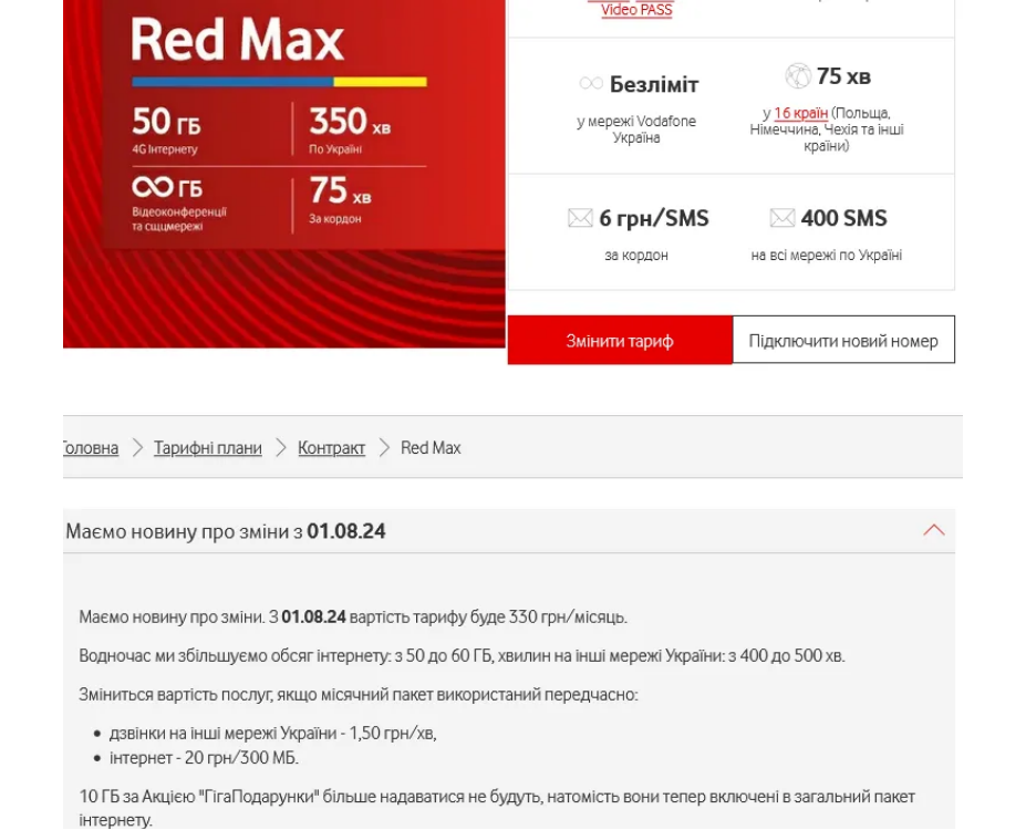 Стоимость тарифа Vodafone Red Max увеличится на 30 грн – до 330 грн/месяц