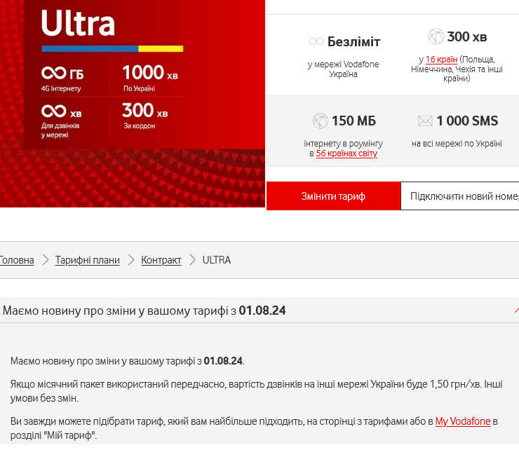 У тарифі Vodafone ULTRA зміниться вартість дзвінків на інші мережі України за умови передчасного використання місячного пакету послуг