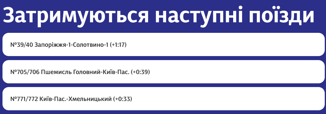 Увечері 29 липня одразу 3 українські потяги спізнюються більше ніж на півгодини