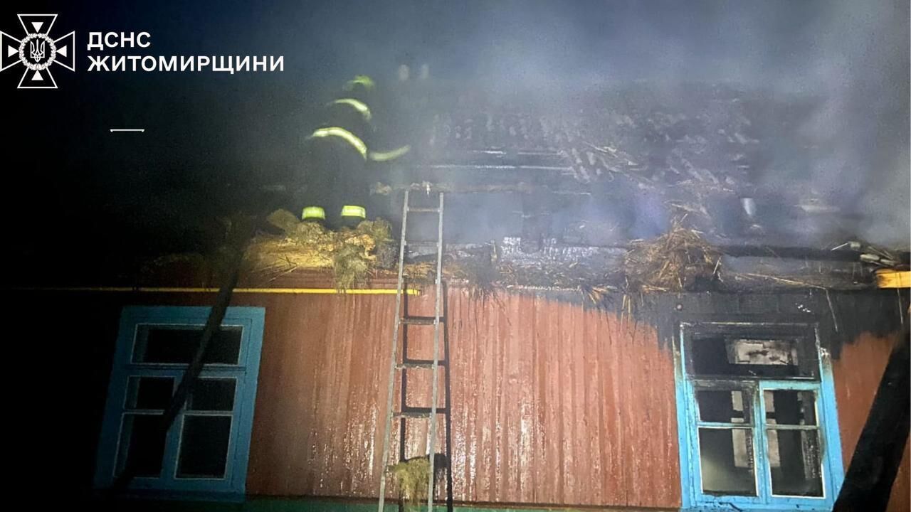 На Житомирщине в результате падения обломков "Шахеда" вспыхнул пожар в доме: пострадала женщина. Фото