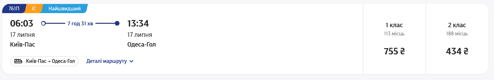 Скільки коштують квитки на поїзд між Києвом та Одесою