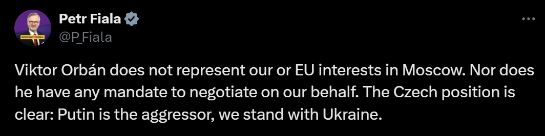 "Не має повноважень вести переговори": прем'єр Чехії відреагував на візит Орбана до Москви