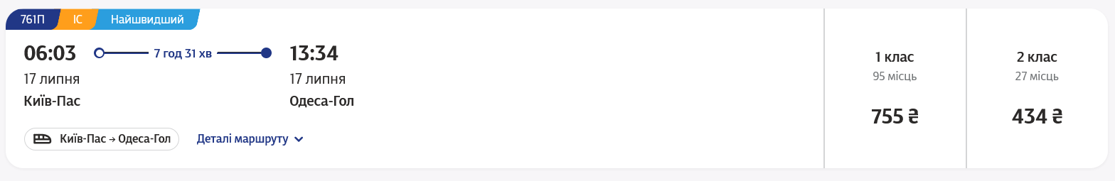 Скільки коштують квитки на поїзд Київ – Одеса