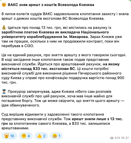 ВАКС зняв арешт з коштів ексголови Верховного суду Князєва: про яку суму йдеться qqhiqkuiqqdiqqzzrz