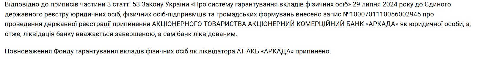 Банк Аркада официально ликвидирован