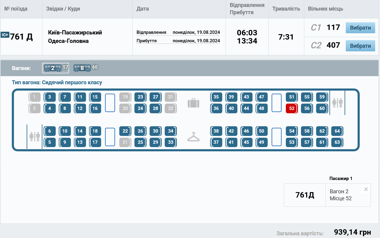 а рейс 19 серпня з Києва до Одеси квитки продаються у сидячі вагони 1 та 2 класу