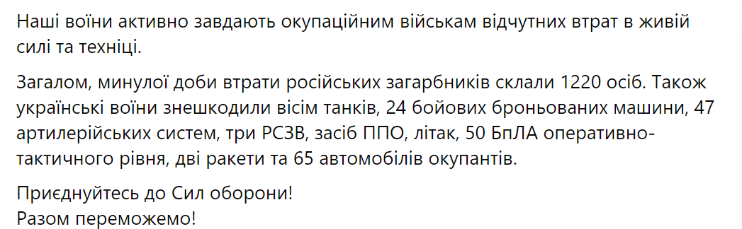 Сили оборони уразили важливий об'єкт окупантів: на фронті протягом доби відбулося 165 бойових зіткнень – Генштаб