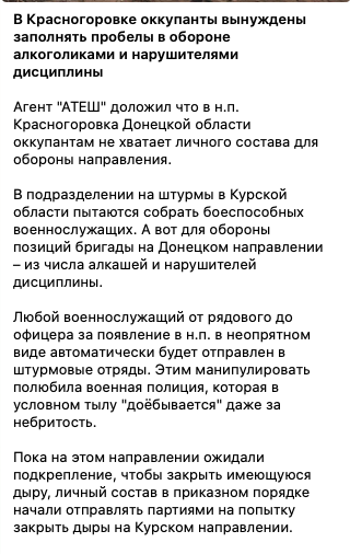 У військ РФ під Красногорівкою не вистачає особового складу, на штурми кидають порушників дисципліни – "Атеш"