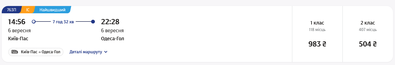 Скільки коштують квитки на поїзд із Києва до Одеси