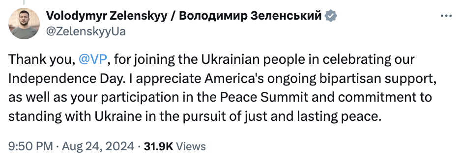 "Мы будем с вами и дальше": Харрис поздравила украинцев с Днем Независимости