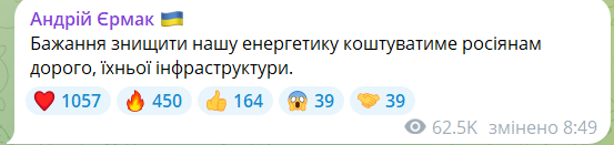 "Коштуватиме росіянам їхньої інфраструктури": в ОП заявили, що РФ отримає відповідь на атаку енергетики України