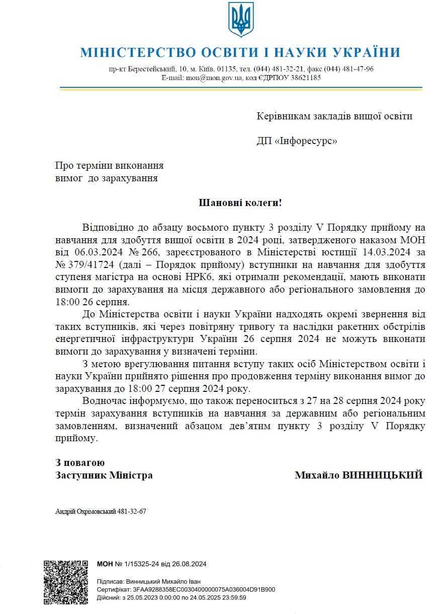 Вступ до магістратури 2024: МОН продовжило термін подання заяви