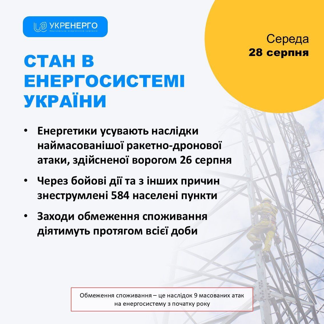 Відключення світла 28 серпня запровадили на весь день