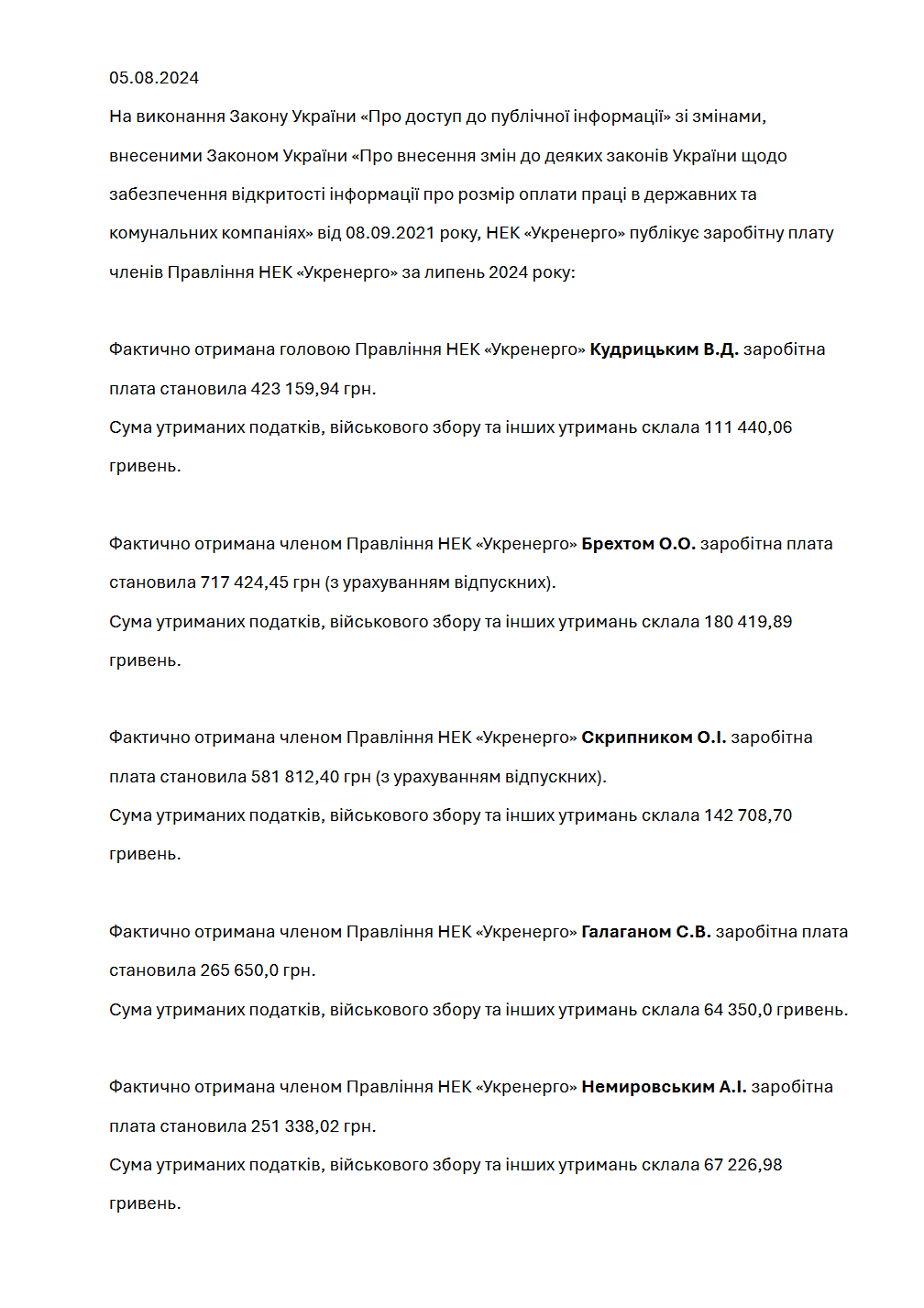 Los sueldos de los miembros de la junta directiva de &quot;Ukrenergo&quot; en julio oscilaron entre 251.338 y 717.424 grivnas.