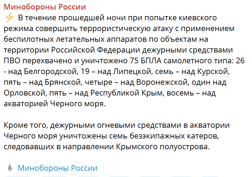 В РФ выдали, что за ночь уничтожили 75 украинских дронов и семь катеров