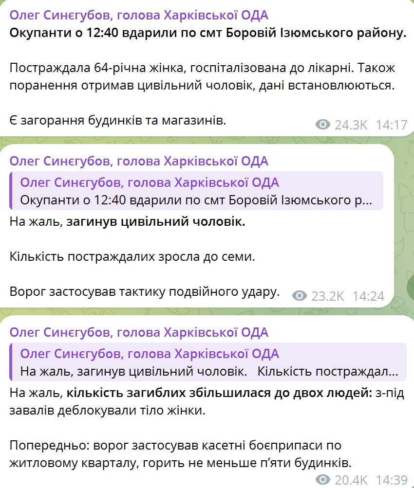 Окупанти двічі поспіль вдарили касетними боєприпасами по Боровій на Харківщині: горіли будинки, є загиблі. Фото