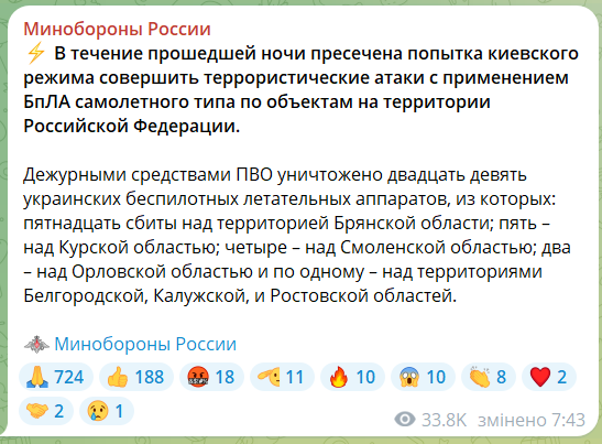 Оккупанты заявили, что сбили 29 украинских БПЛА, на Смоленщине вспыхнул пожар. Фото