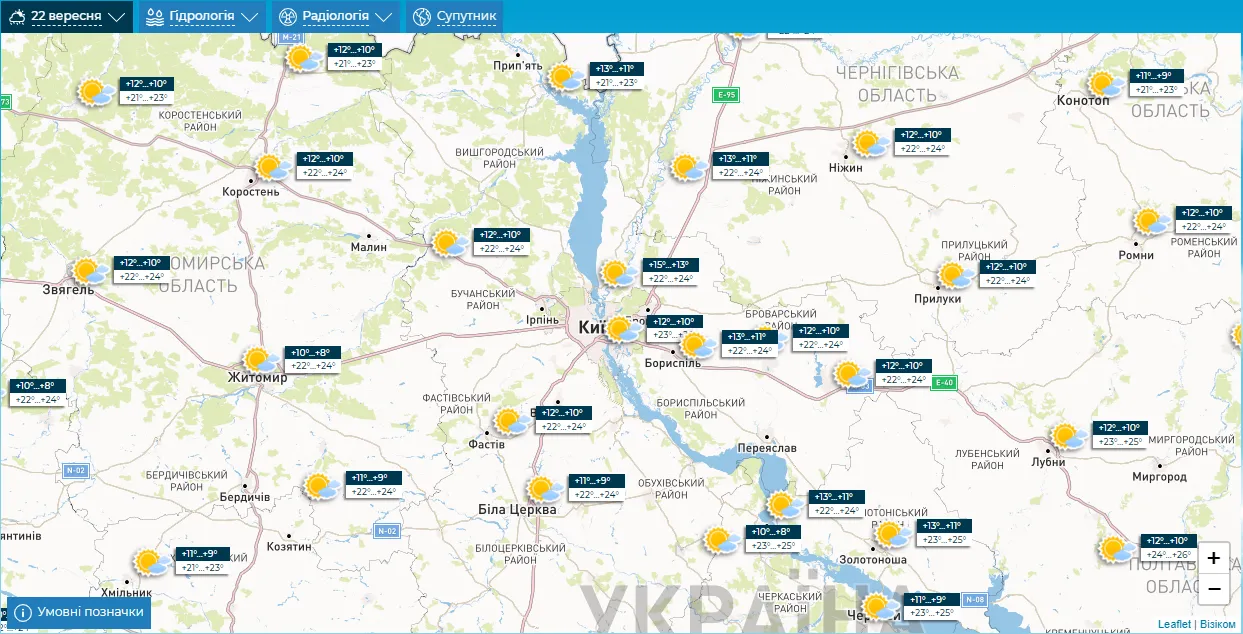 Без опадів та до +26°С: детальни прогноз погоди по Київщині на 22 вересня