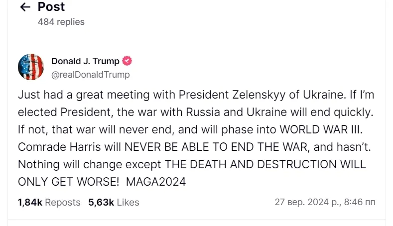 "Харрис никогда не сможет завершить войну": Трамп после встречи с Зеленским напугал третьей мировой