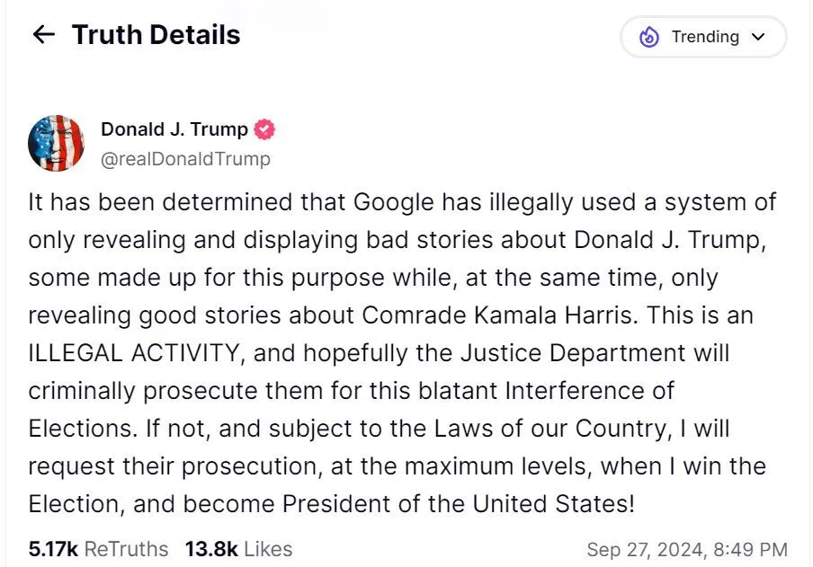 Трамп пригрозив компанії Google судом: чим незадоволений кандидат у президенти США