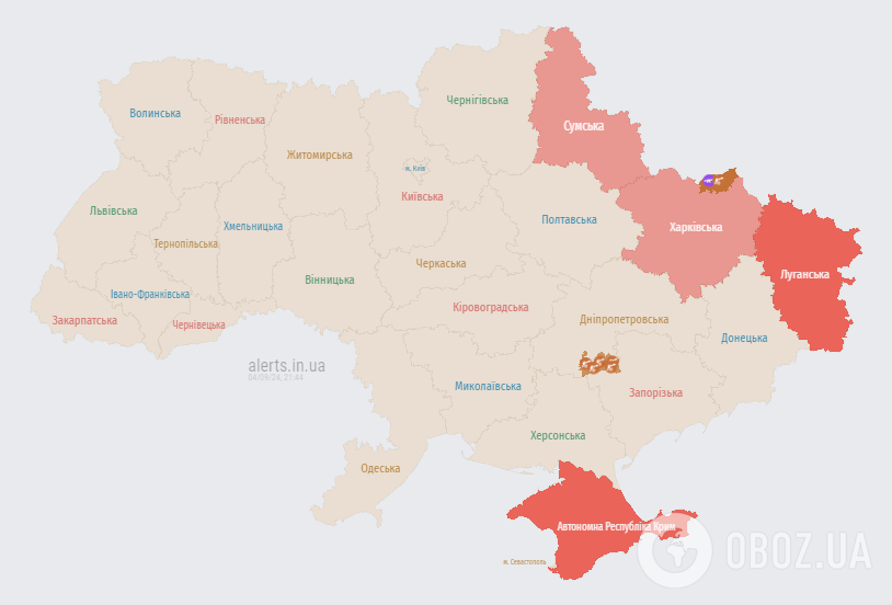 Карта тревоги в Украине (на 21:45 среды, 4 сентября)