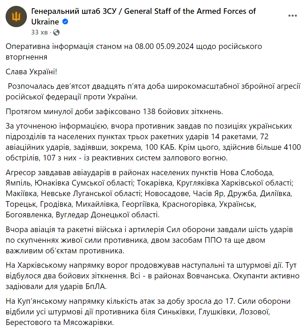 За добу на фронті зафіксовано 138 бойових зіткнень: у Генштабі розповіли, де намагається прорватися ворог. Карта