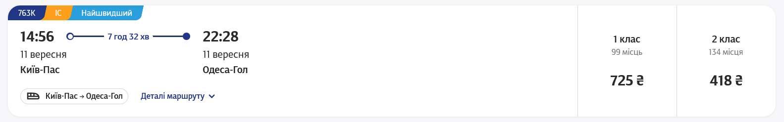 Скільки коштують квитки на поїзд із Києва до Одеси