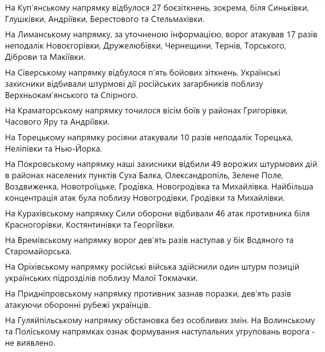 Окупанти зосередились на двох напрямках: протягом доби відбулося 187 бойових зіткнень – Генштаб