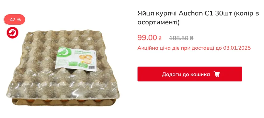 В Auchan вигідно купувати яйця лотками по 30 штук