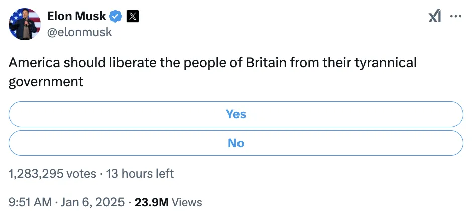 Маск призвал Вашингтон "освободили британцев от их тиранического правительства": что происходит